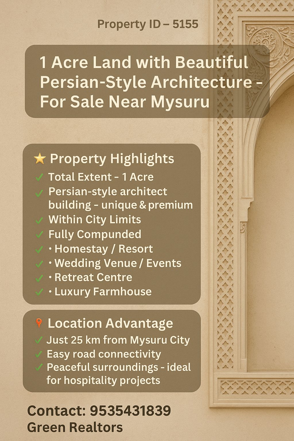 🆔 *Property ID – 5155*  🏛️🌴 *1 Acre Land with Beautiful Persian-Style Architecture – For Sale Near Mysuru*